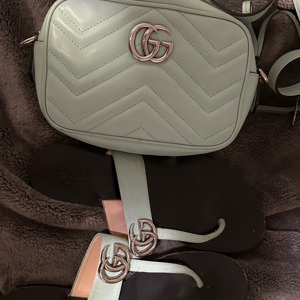 Gucci Mint Green Leather Logo Thong Sandals with Silver Hardware